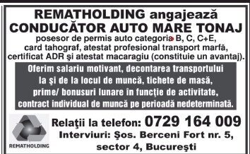 Soferi, conducatori auto mare tonaj, pentru RematHolding,